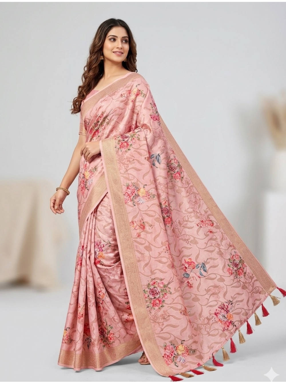 Elegant Blush Pink Floral Indian silk saree with blouse